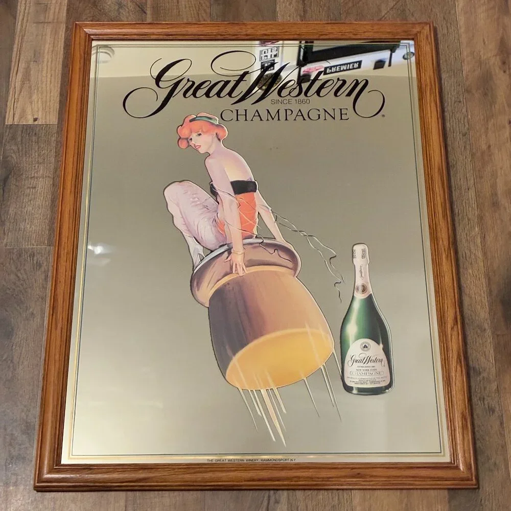 Vintage Bar Mirror Great Western Champagne Art Deco Pinup Hammondsport NY Winery